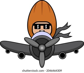 ilustración vectorial personaje de dibujos animados lindo disfraz de mascota de almendras montando un avión