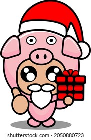 Vektorgrafik-Zeichentrickcharakter süße Maskottchen für Schweine Weihnachtsmütze mit Geschenken