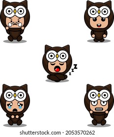 vector illustration of cartoon character cute owl animal mascot costume with expression set