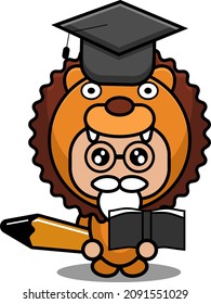 vector illustration cartoon character cute lion animal mascot costume graduate holding book and pencil