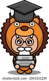 vector illustration cartoon character cute lion animal mascot costume graduate holding book 