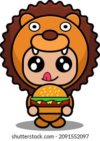 vector illustration of cartoon character cute animal mascot costume eating burger