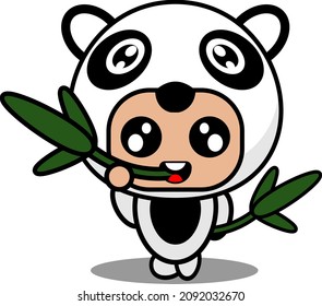 vector illustration of cartoon character cute panda animal mascot costume biting bamboo leaf