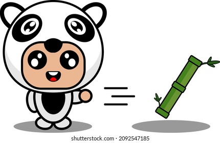 vector illustration of cartoon character cute panda animal mascot costume throwing bamboo