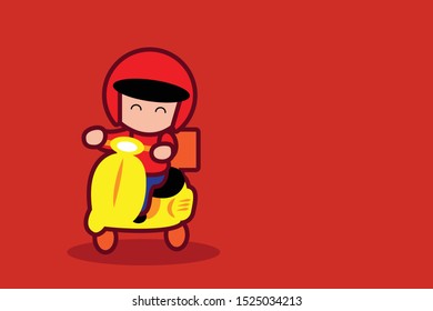 Vector illustration cartoon character delivery boy with motorcycle on red background.