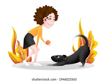 Vector illustration, cartoon, character design. Girl playing with a dog. '