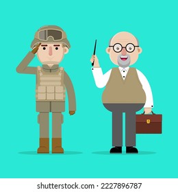 Vector illustration of a cartoon character with different professions, a teacher and a soldier.