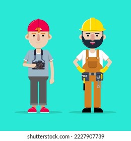 Imagen vectorial de un personaje de caricatura con diferentes profesiones, un constructor y un fotógrafo.