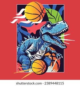 Vector illustration of a cartoon character dinosaur playing basketball