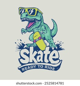 Ilustração vetorial de dinossauro personagem de desenho animado montando um skate e tipografia