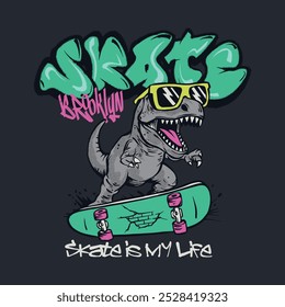 Ilustração vetorial de dinossauro personagem de desenho animado montando um skate e tipografia de grafite