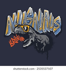 Vector illustration of cartoon character dinosaur and graffiti typography