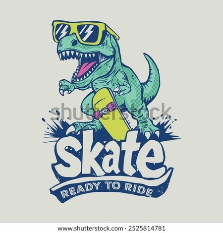 Vector illustration of cartoon character dinosaur riding a skateboard and typography