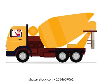 Vector illustration cartoon character driver man on a truck concrete mixer. Isolated white background. Construction automobile. Yellow auto for transportation and mixing of concrete. Flat style.