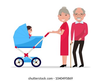 Vector illustration of cartoon character elderly man and woman with baby carriage. Isolated white background. Old people are rolling a stroller with a child. Grandparents with a pram and a toddler.