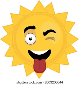 Vector illustration of cartoon character emoticon of the sun with his tongue out and a wink in his eye