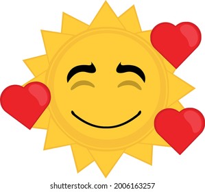 Vector illustration of cartoon character emoticon of the sun surrounded by hearts