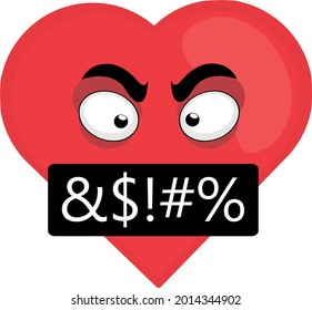 Vector illustration of a cartoon character emoticon in the shape of a heart with an angry expression and insults text