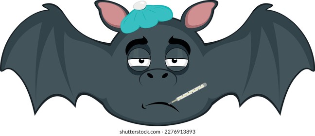 vector illustration cartoon character face of a sick vampire bat, with a thermometer in his mouth and a bag of water on his head