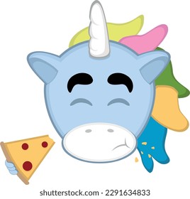 vector illustration cartoon character face of a  eating a unicorn slice of pizza