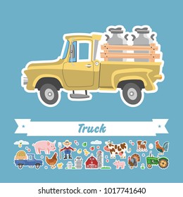 Vector illustration of cartoon character flat truck. Comic isolated funny pickup. Farming collection isolated stickers.