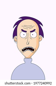 Vector illustration of a cartoon character in a flat style. An angry man with smoothed hair in a turtleneck and piercings. 