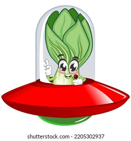 vector illustration of cartoon character of flying lettuce bok choy with ufo