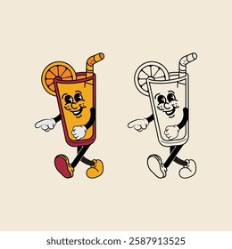 Vector illustration of cartoon character of glass cup and orange fruit slice with unique expression perfect for logo, symbol and advertising