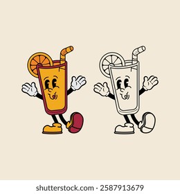 Vector illustration of cartoon character of glass cup and orange fruit slice with unique expression perfect for logo, symbol and advertising