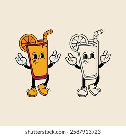 Vector illustration of cartoon character of glass cup and orange fruit slice with unique expression perfect for logo, symbol and advertising