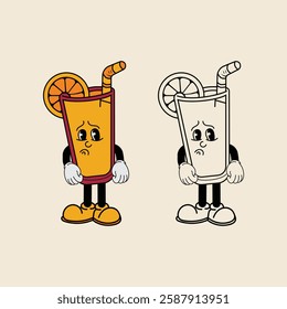 Vector illustration of cartoon character of glass cup and orange fruit slice with unique expression perfect for logo, symbol and advertising