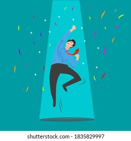 vector illustration cartoon character graphics Happy and successful businessman jumping into the air celebrating his success. great for corporate content