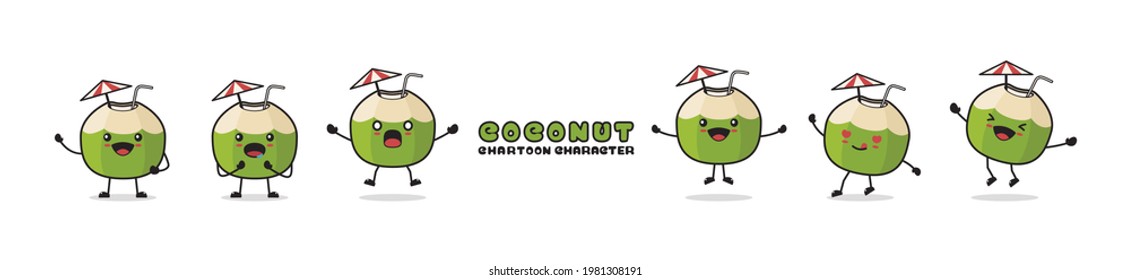 Vector Illustration of a cartoon character of a green coconut fruit with different poses