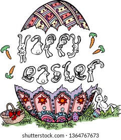 Vector illustration, cartoon character, hand drawing, Easter bunnies typography, Easter eggs concepts, giant Easter egg, for cards, poster, etc.