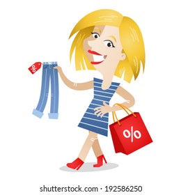 Vector illustration of a cartoon character: Happy woman shopping clothes with discount label, carrying a shopping bag.