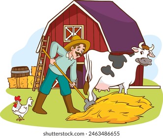 Ilustración vectorial del personaje de dibujos animados de un agricultor feliz y sus vacas en una granja rural orgánica