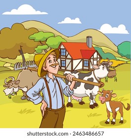 Vector illustration of cartoon character of happy farmer and his cows on organic rural farm
