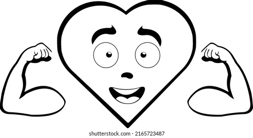 Vector illustration of cartoon character of a heart, flexing his arms and contracting his biceps. Drawn in black and white