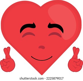 ilustración vectorial del caricatura de un corazón con una expresión alegre, cruzando los dedos de las manos, en el concepto de pedir un deseo o buena suerte