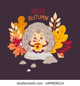 Vector illustration. Cartoon character hedgehog. A cute hedgehog is sitting on a stone. Autumn color square card.