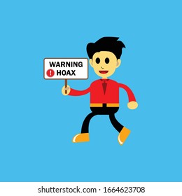 vector illustration of a cartoon character holding a sign bearing a warning hoax
