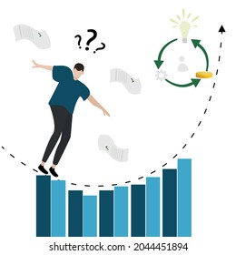 Vector illustration of a cartoon character of an investor, a businessman who is on the verge of disaster, but he is saved by an idea and the shares are growing. Chart, Money and Profit