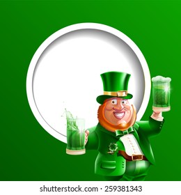 Vector illustration cartoon character of Irish or leprechaun in suit, hat, clover with beer and ale in hand on green background. march. Spring. Happy St. Patrick's Day.