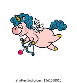 Vector illustration. Cartoon character isolated on white background. Unicorn Cupid. Funny Doodle Unicorn.