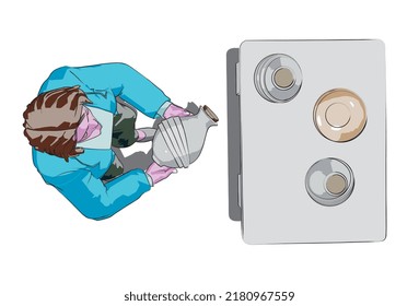 a vector illustration, a cartoon character with a jug or a bottle , on white background ( top view )