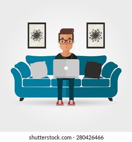 Ilustración vectorial: Personaje de dibujos animados con ordenador portátil