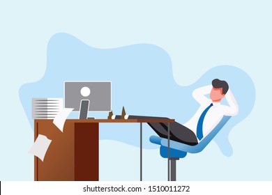 vector illustration of cartoon character lazy at work, delaying work in office. A lot of work to do. 