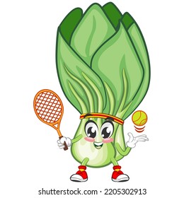 vector illustration of cartoon character of lettuce bok choy playing tennis