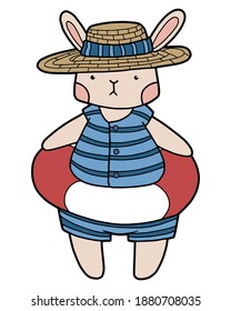 Vector illustration. Cartoon character with a lifebuoy. Rabbit in a straw hat and a bathing suit. Coloring page. Cute childish illustration.