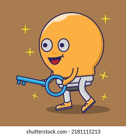 vector illustration of cartoon character light bulb holding key, concept of idea,